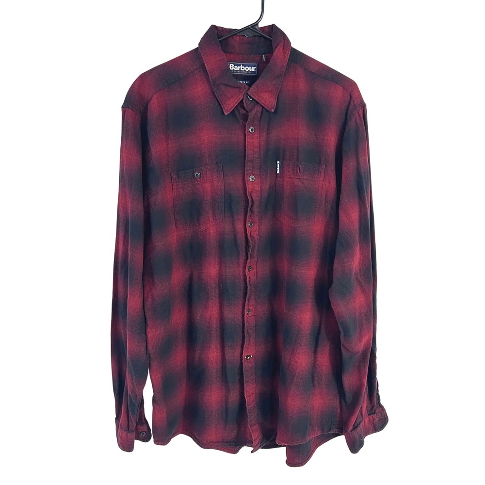 Barbour Hurst Shirt 100% Cotton Red Black Plaid Tailored Fit Heritage Workwear
